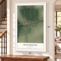 Winchester, Arkansas map, 24 x 36 inch print in a white frame by a staircase