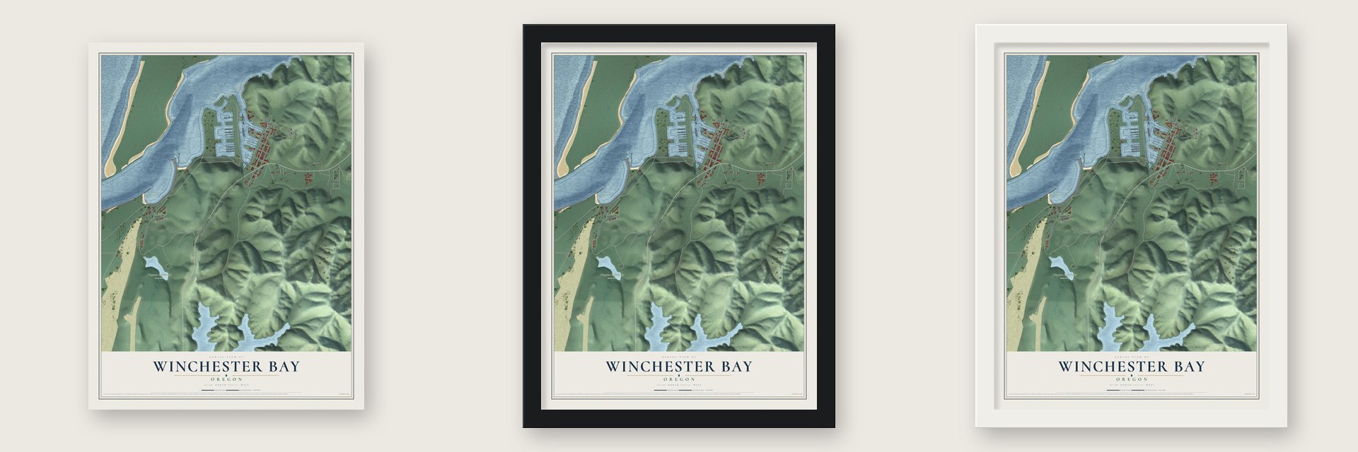 Winchester Bay, Oregon map unframed, in a black wood frame and in a white wood frame