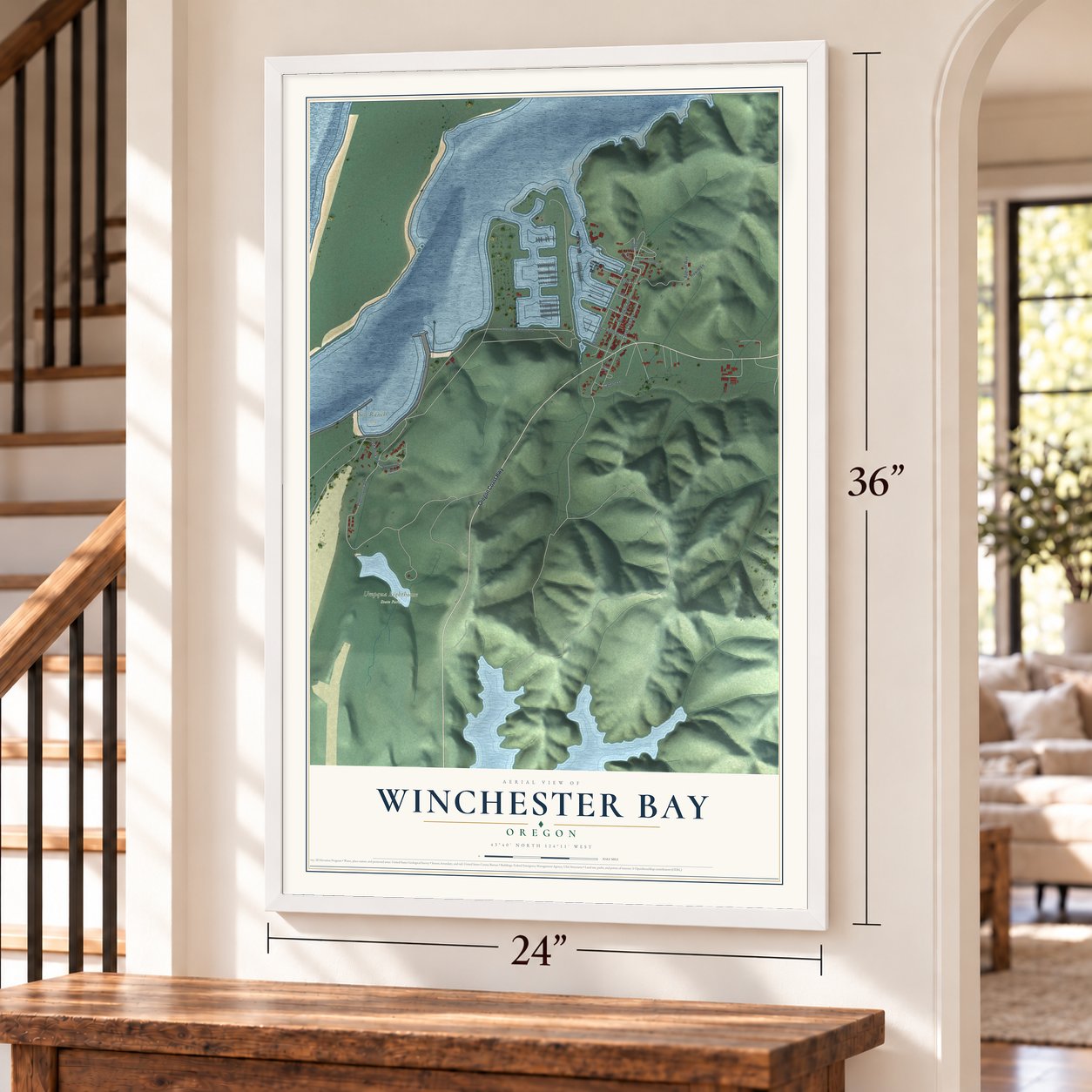 Winchester Bay, Oregon map, 24 x 36 inch print in a white frame by a staircase