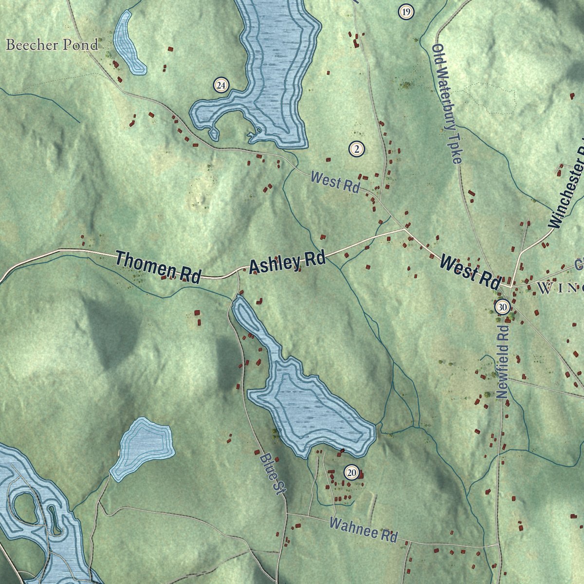 Second close-up of the map of Winchester, Connecticut print showing more streets and buildings