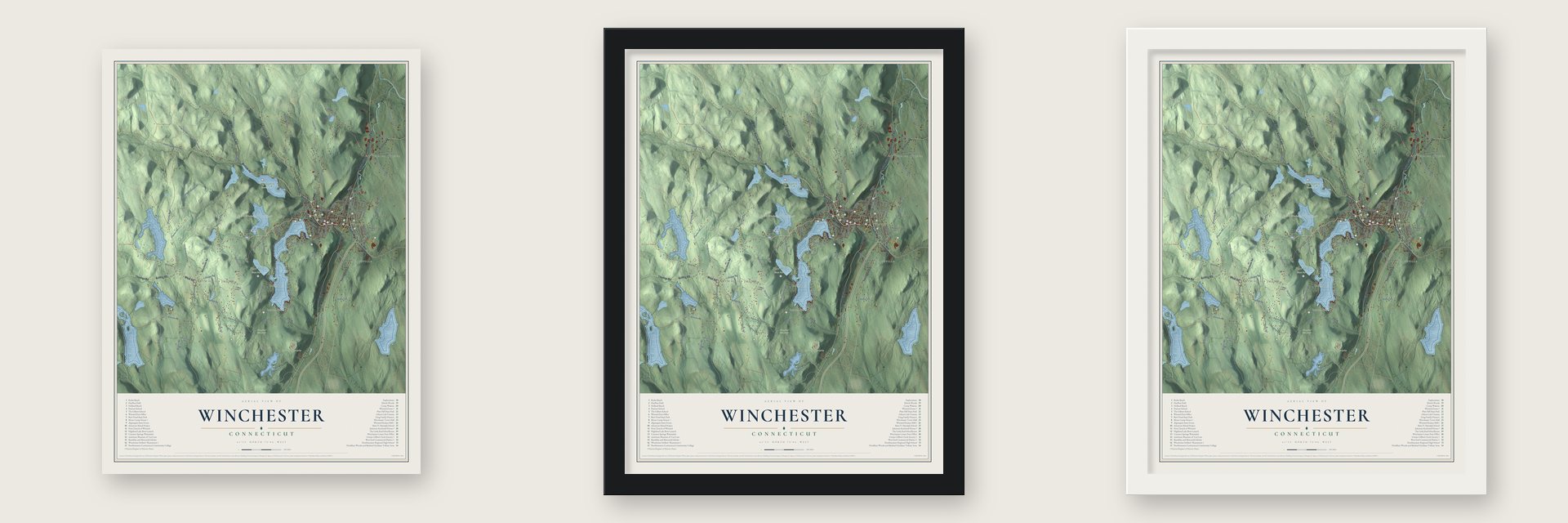 Winchester, Connecticut map unframed, in a black wood frame and in a white wood frame