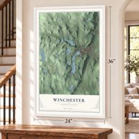 Winchester, Connecticut map, 24 x 36 inch print in a white frame by a staircase