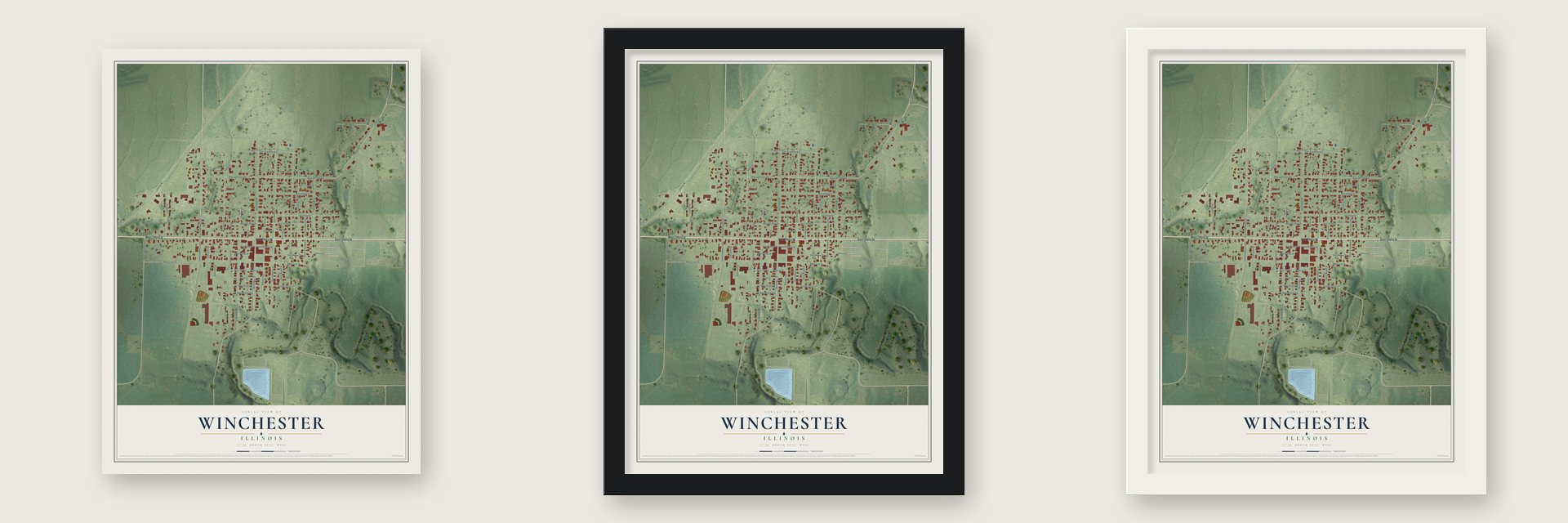 Winchester, Illinois map unframed, in a black wood frame and in a white wood frame