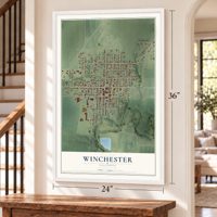 Winchester, Illinois map, 24 x 36 inch print in a white frame by a staircase