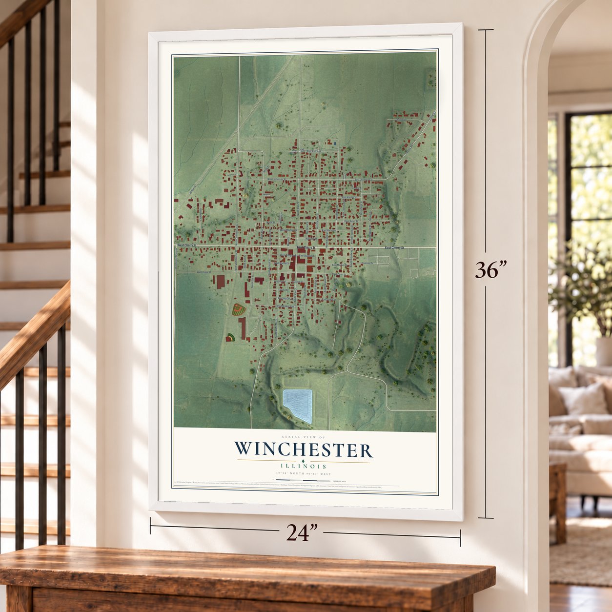 Winchester, Illinois map, 24 x 36 inch print in a white frame by a staircase