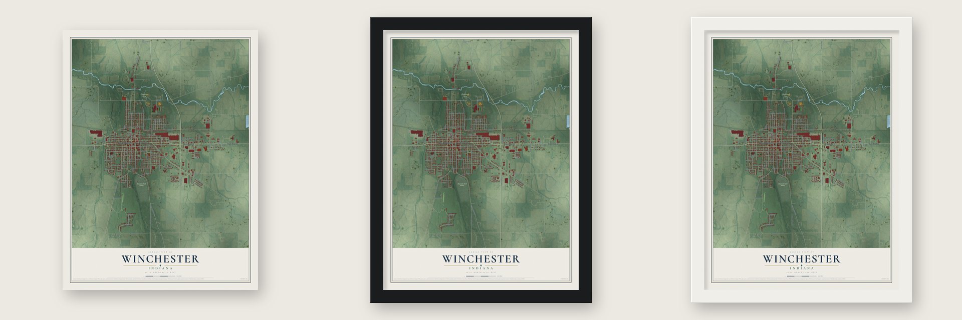 Winchester, Indiana map unframed, in a black wood frame and in a white wood frame