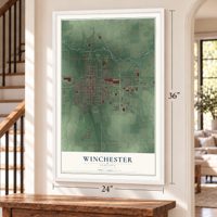 Winchester, Indiana map, 24 x 36 inch print in a white frame by a staircase