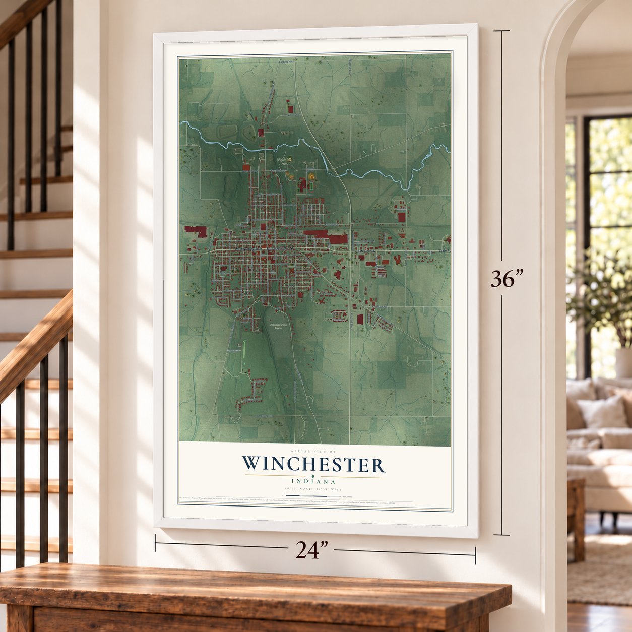 Winchester, Indiana map, 24 x 36 inch print in a white frame by a staircase