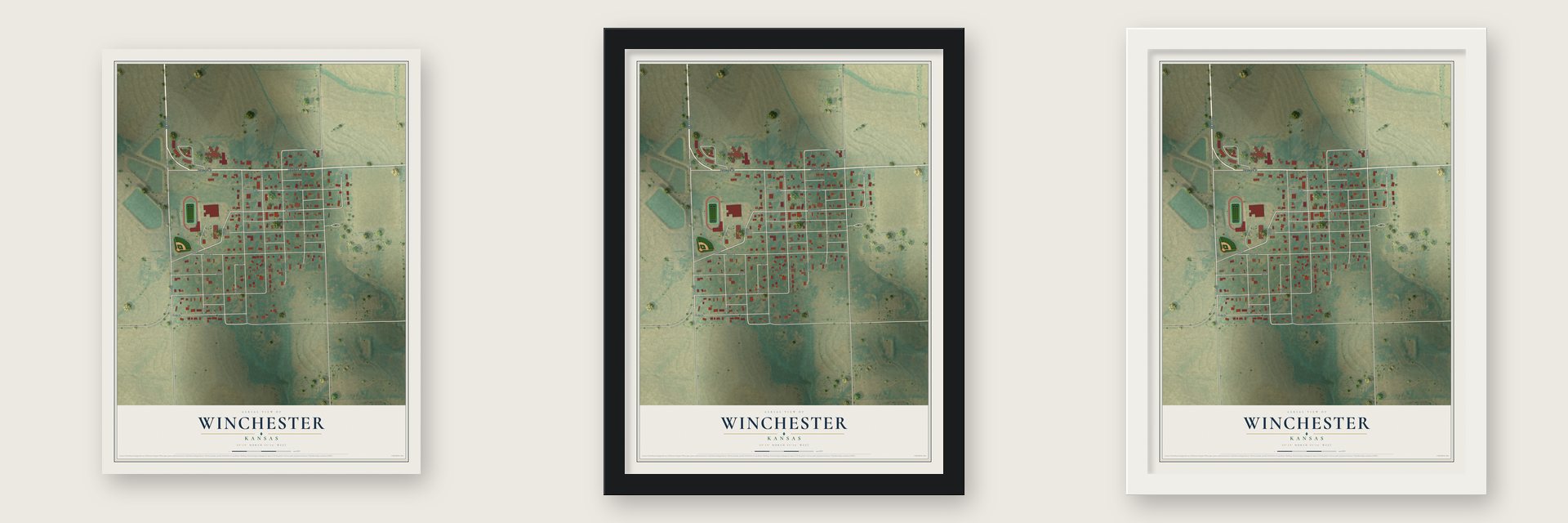 Winchester, Kansas map unframed, in a black wood frame and in a white wood frame