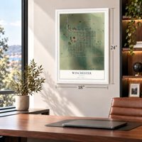 Winchester, Kansas map, 18 x 24 inch print in a white frame in a home office
