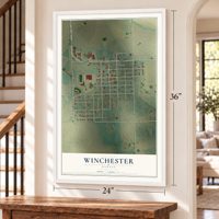 Winchester, Kansas map, 24 x 36 inch print in a white frame by a staircase