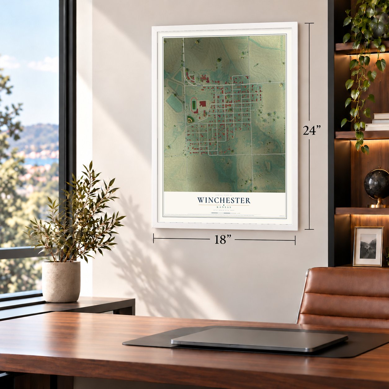 Winchester, Kansas map, 18 x 24 inch print in a white frame in a home office