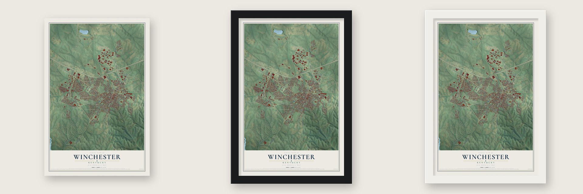 Winchester, Kentucky map unframed, in a black wood frame and in a white wood frame