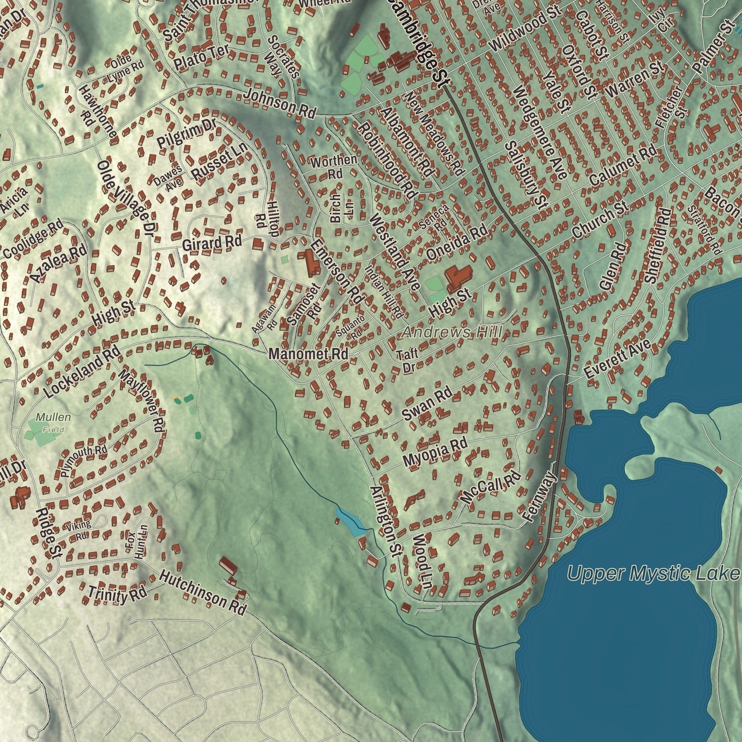 Close-up of the map of Winchester, Massachusetts print showing terrain and local geography