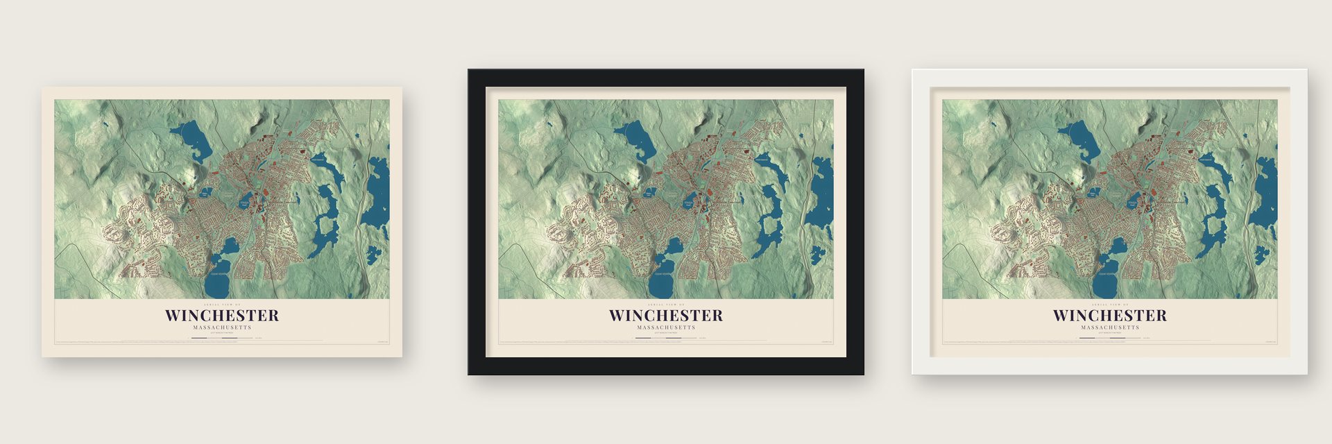 Winchester, Massachusetts map unframed, in a black wood frame and in a white wood frame