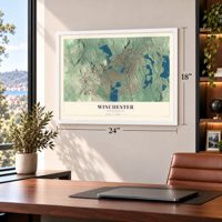 Winchester, Massachusetts map, 18 x 24 inch print in a white frame in a home office