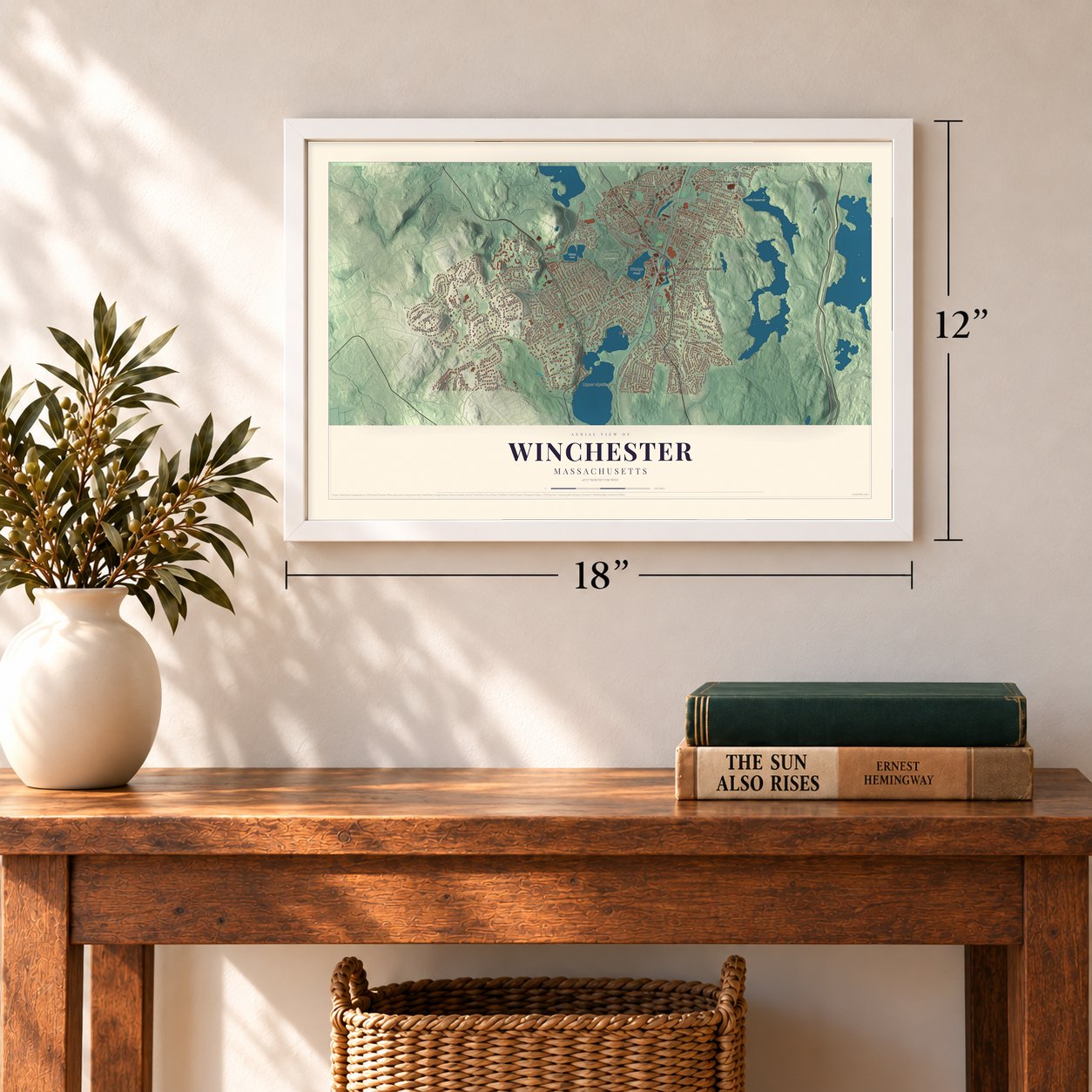 Winchester, Massachusetts map, 12 x 18 inch print in a white frame in an entryway