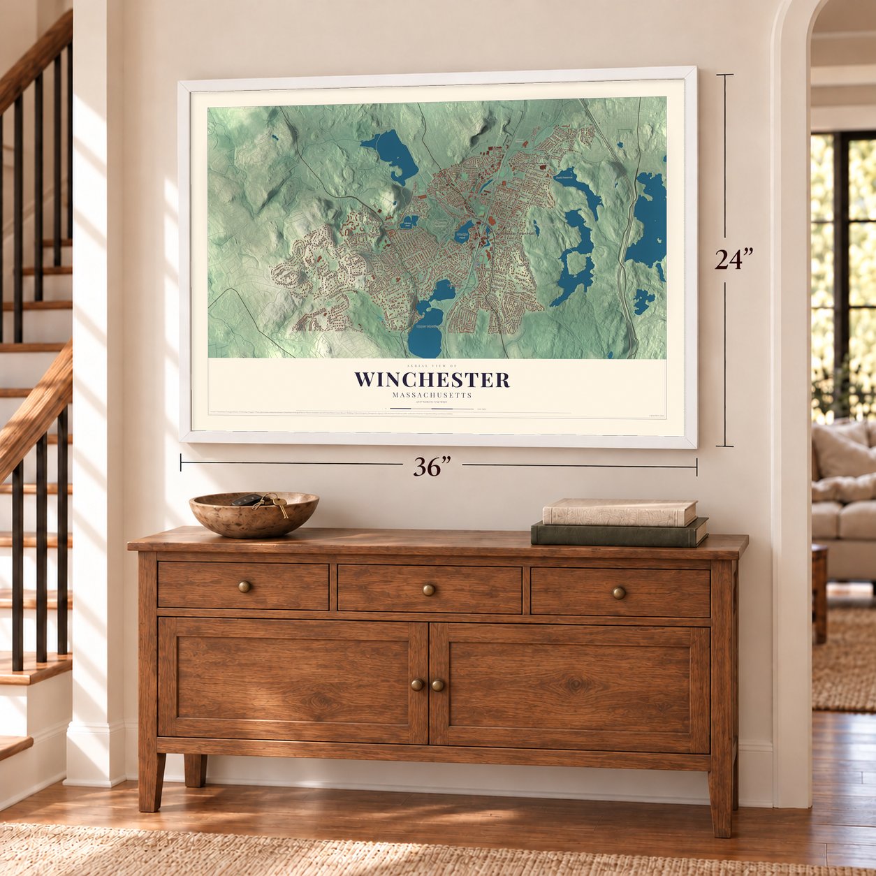 Winchester, Massachusetts map, 24 x 36 inch print in a white frame above a dresser by a staircase