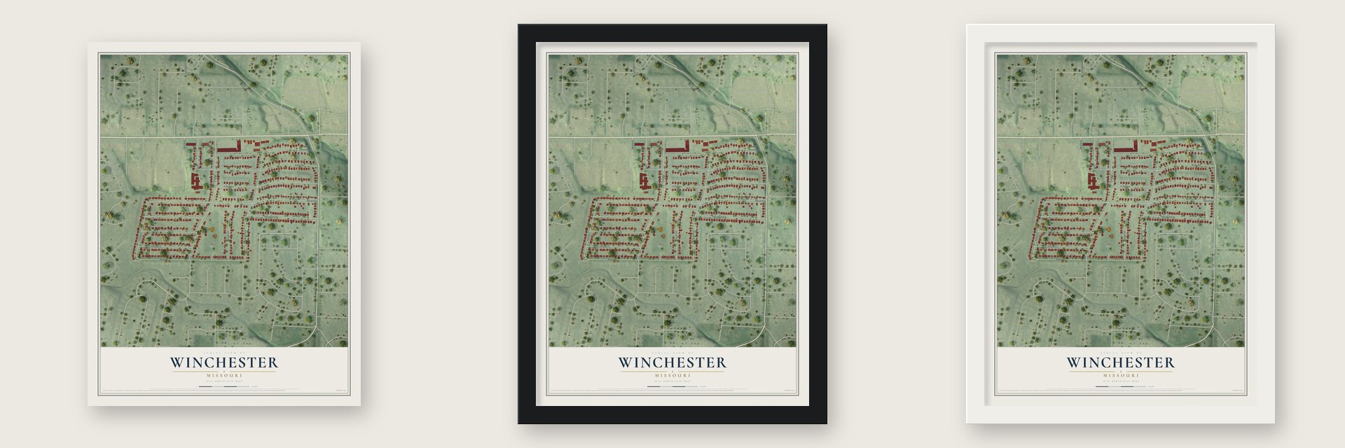 Winchester, Missouri map unframed, in a black wood frame and in a white wood frame