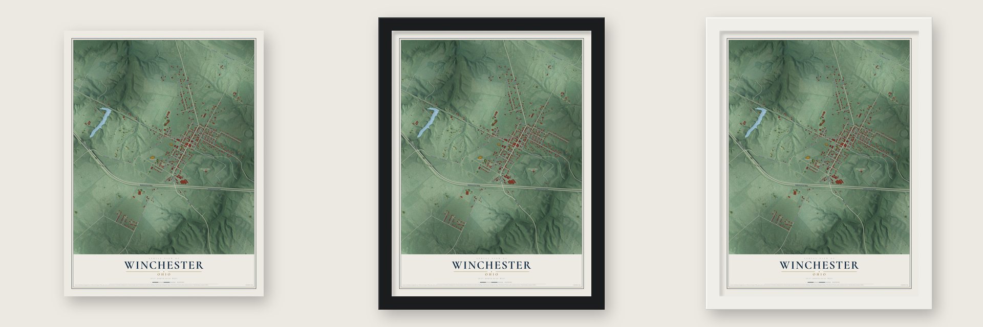 Winchester, Ohio map unframed, in a black wood frame and in a white wood frame