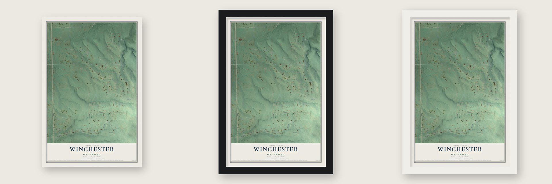 Winchester, Oklahoma map unframed, in a black wood frame and in a white wood frame