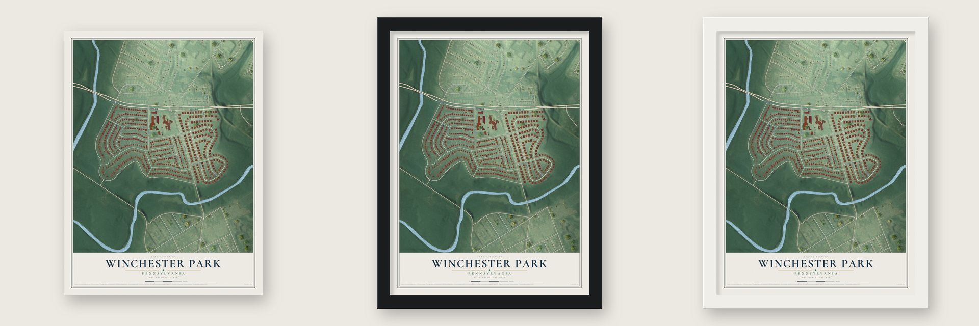Winchester Park, Pennsylvania map unframed, in a black wood frame and in a white wood frame