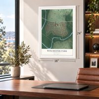 Winchester Park, Pennsylvania map, 18 x 24 inch print in a white frame in a home office