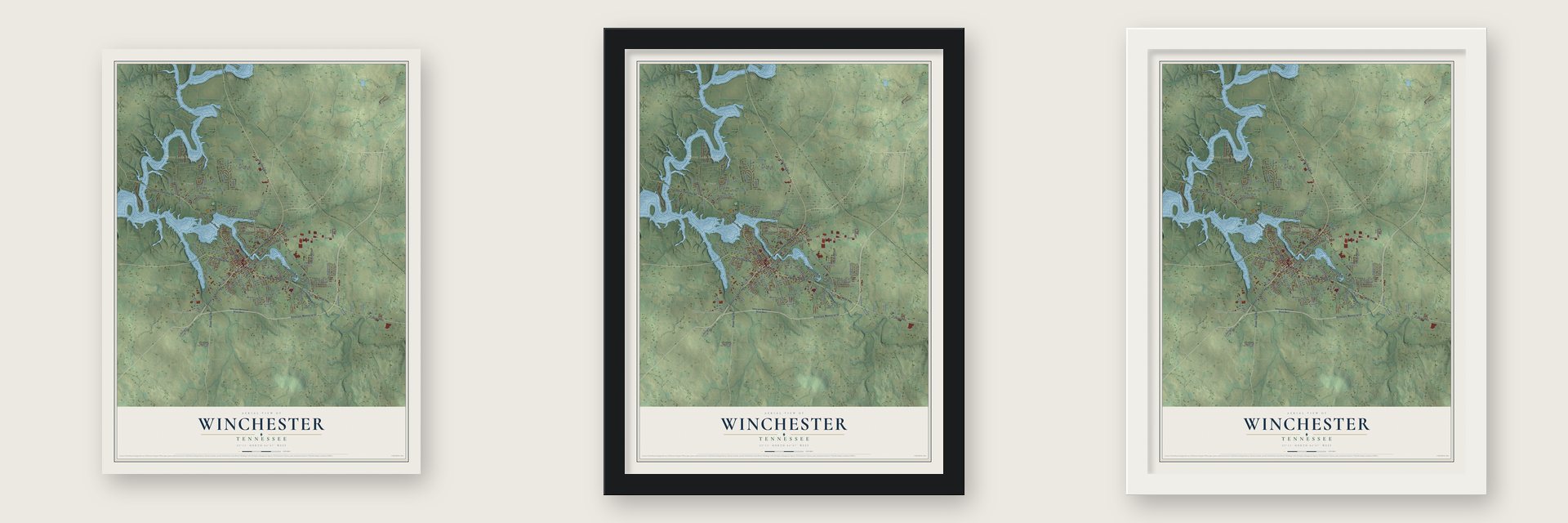 Winchester, Tennessee map unframed, in a black wood frame and in a white wood frame