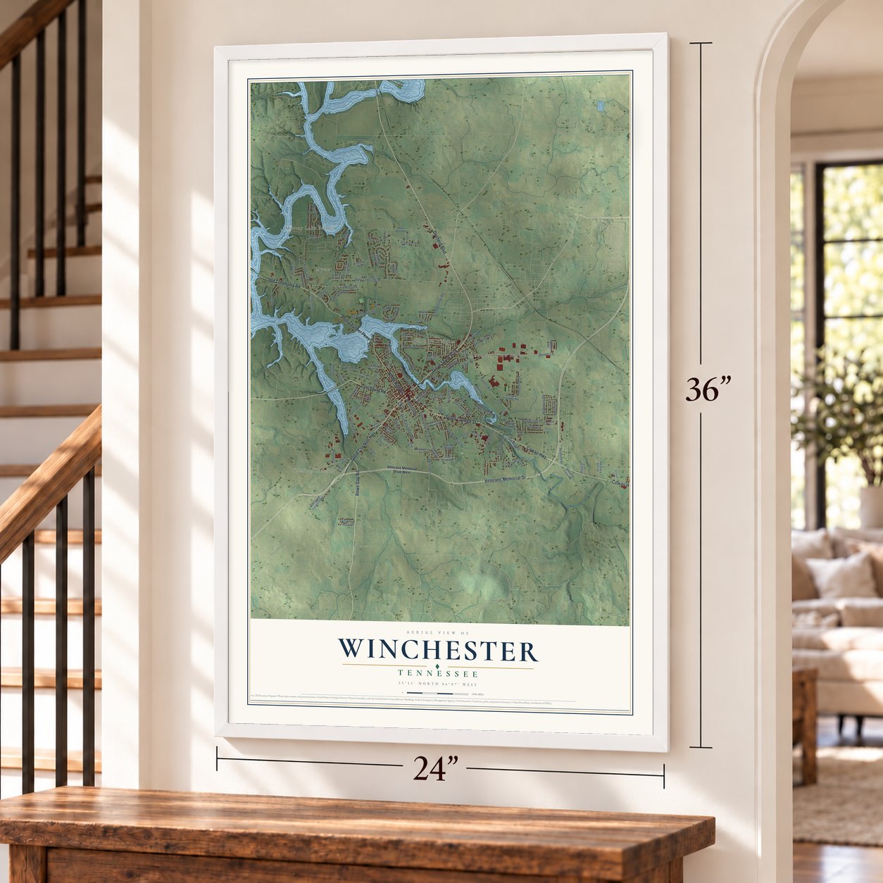 Winchester, Tennessee map, 24 x 36 inch print in a white frame by a staircase