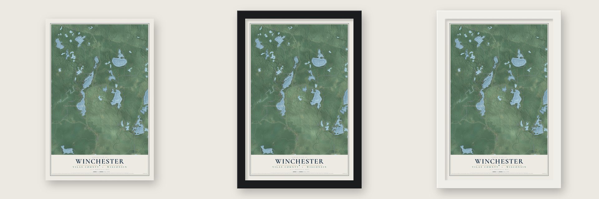 Winchester, Vilas County, Wisconsin map unframed, in a black wood frame and in a white wood frame