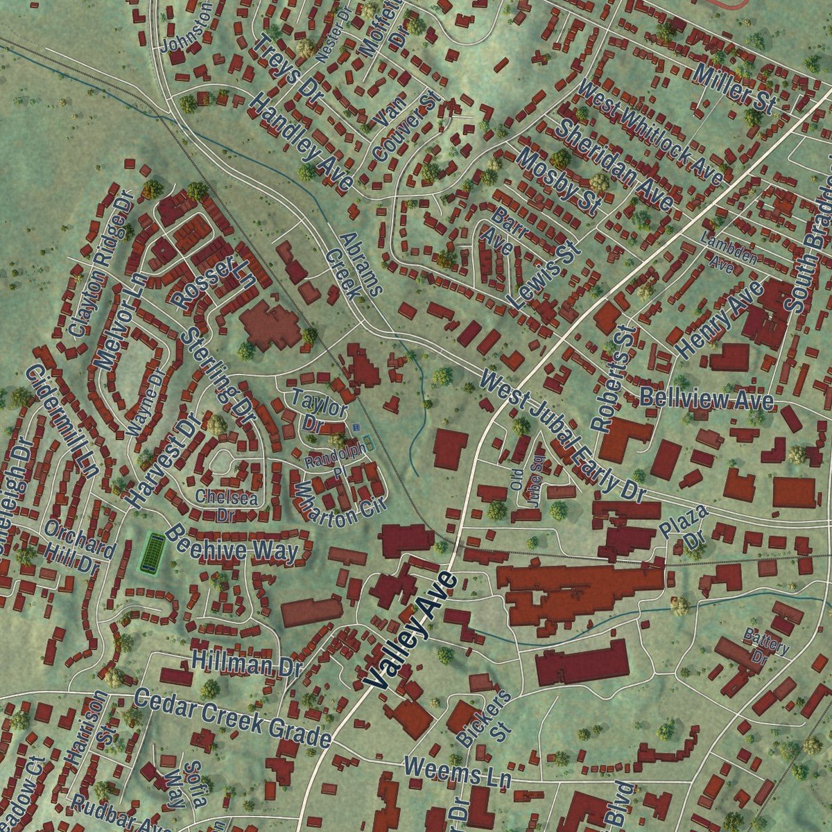 Second close-up of the map of Winchester, Virginia print showing more streets and buildings