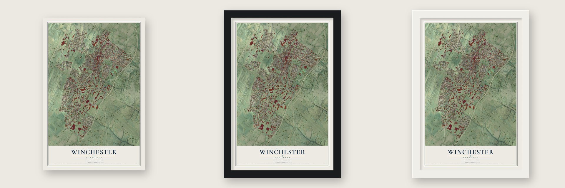Winchester, Virginia map unframed, in a black wood frame and in a white wood frame