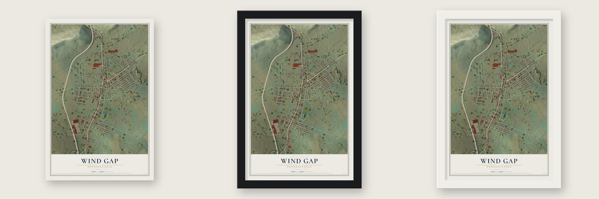Wind Gap, Pennsylvania map unframed, in a black wood frame and in a white wood frame