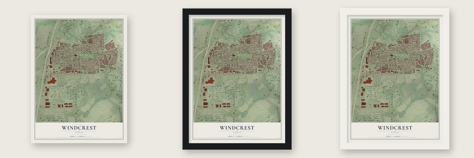 Windcrest, Texas map unframed, in a black wood frame and in a white wood frame