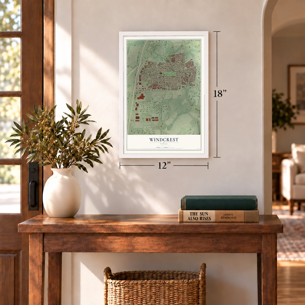 Windcrest, Texas map, 12 x 18 inch print in a white frame in an entryway