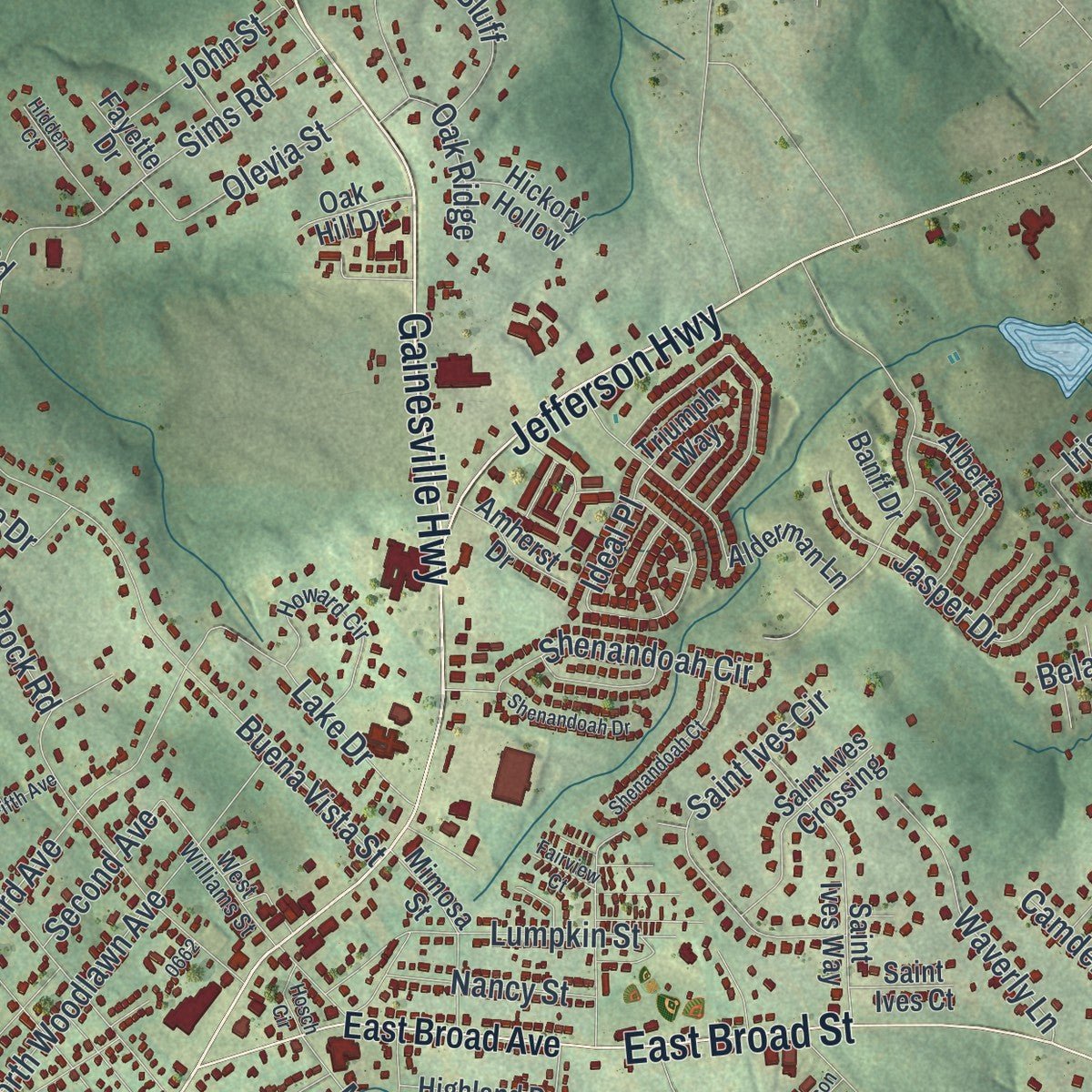 Second close-up of the map of Winder, Georgia print showing more streets and buildings