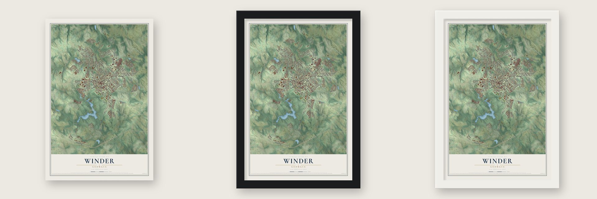 Winder, Georgia map unframed, in a black wood frame and in a white wood frame