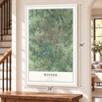 Winder, Georgia map, 24 x 36 inch print in a white frame by a staircase