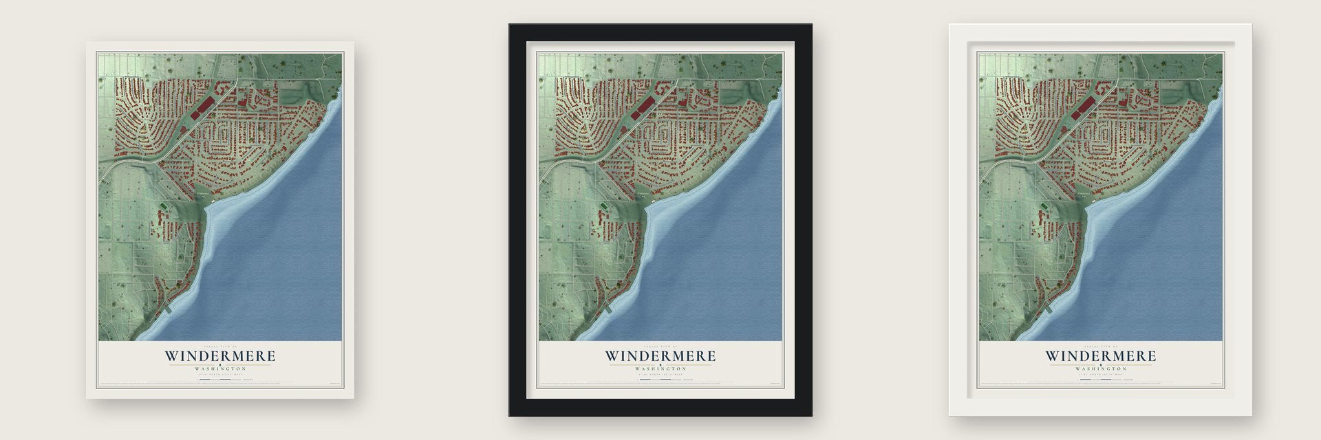 Windermere, Washington map unframed, in a black wood frame and in a white wood frame