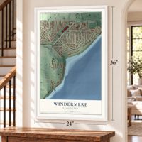 Windermere, Washington map, 24 x 36 inch print in a white frame by a staircase