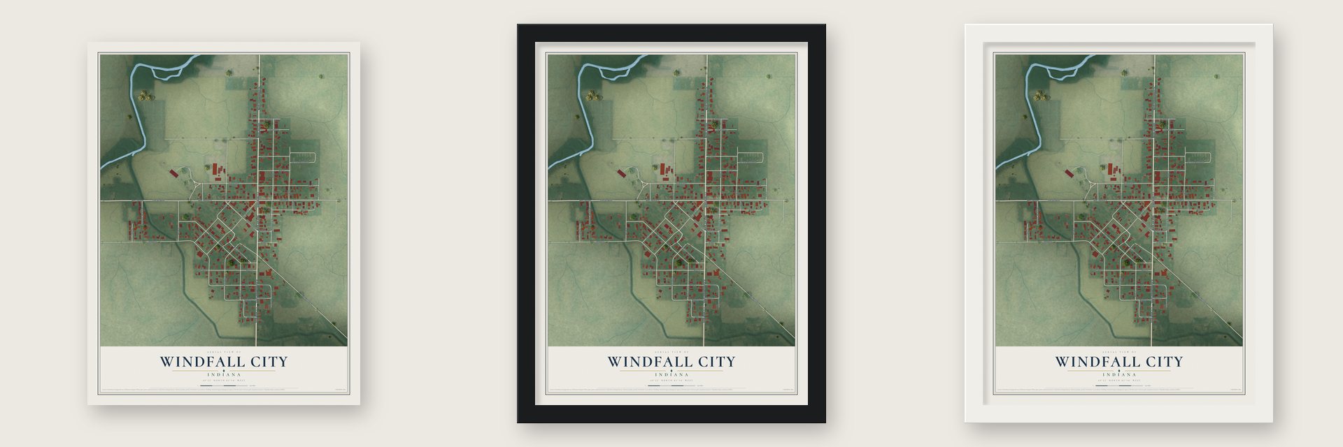 Windfall City, Indiana map unframed, in a black wood frame and in a white wood frame