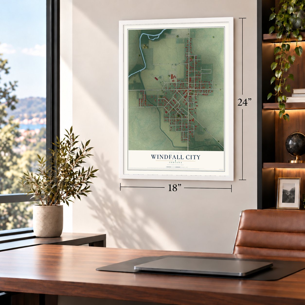 Windfall City, Indiana map, 18 x 24 inch print in a white frame in a home office
