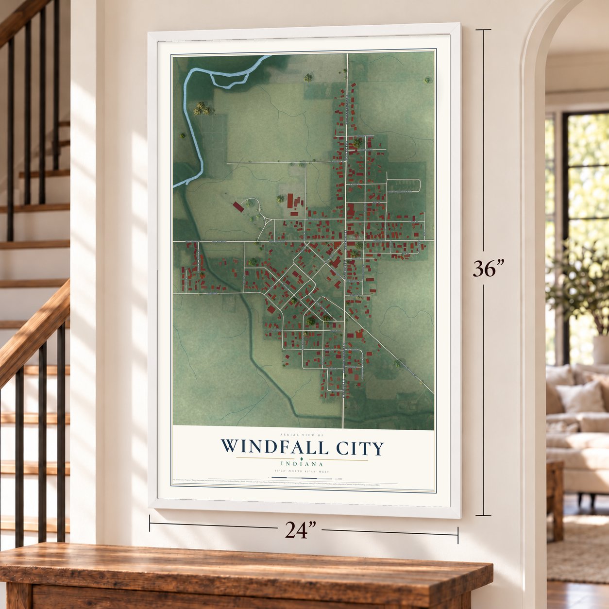 Windfall City, Indiana map, 24 x 36 inch print in a white frame by a staircase