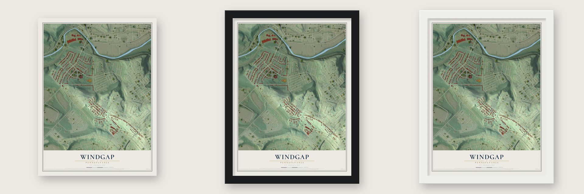 Windgap, Pennsylvania map unframed, in a black wood frame and in a white wood frame
