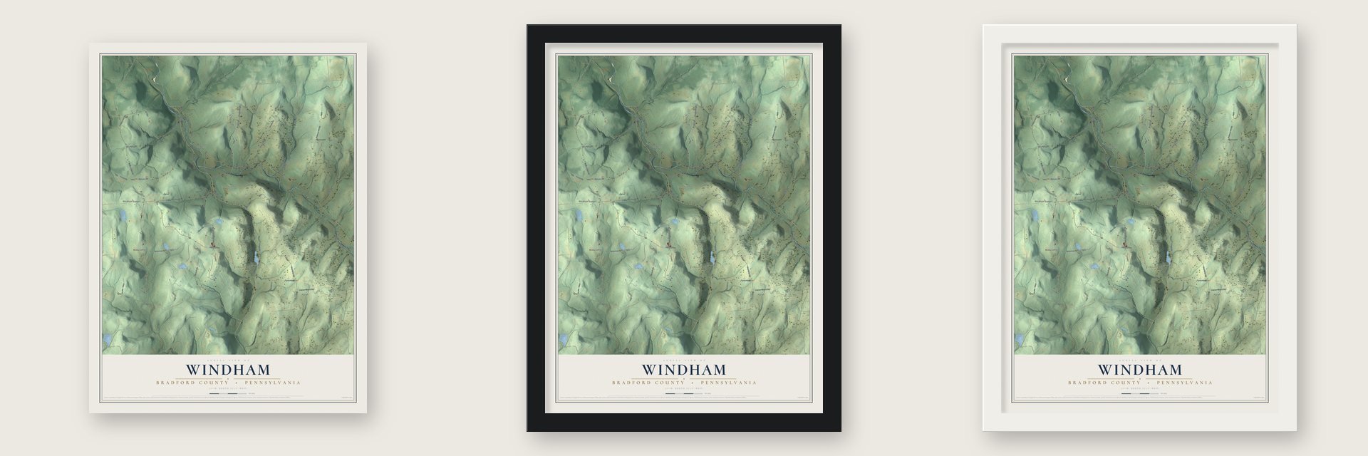 Windham, Bradford County, Pennsylvania map unframed, in a black wood frame and in a white wood frame
