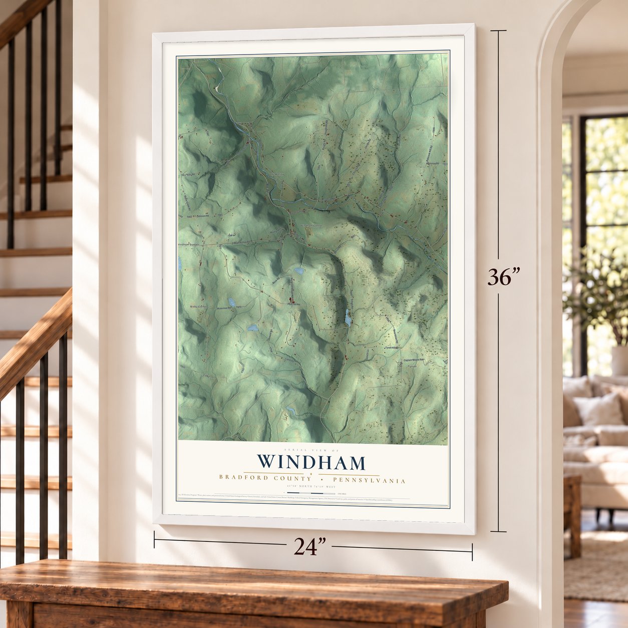 Windham, Bradford County, Pennsylvania map, 24 x 36 inch print in a white frame by a staircase
