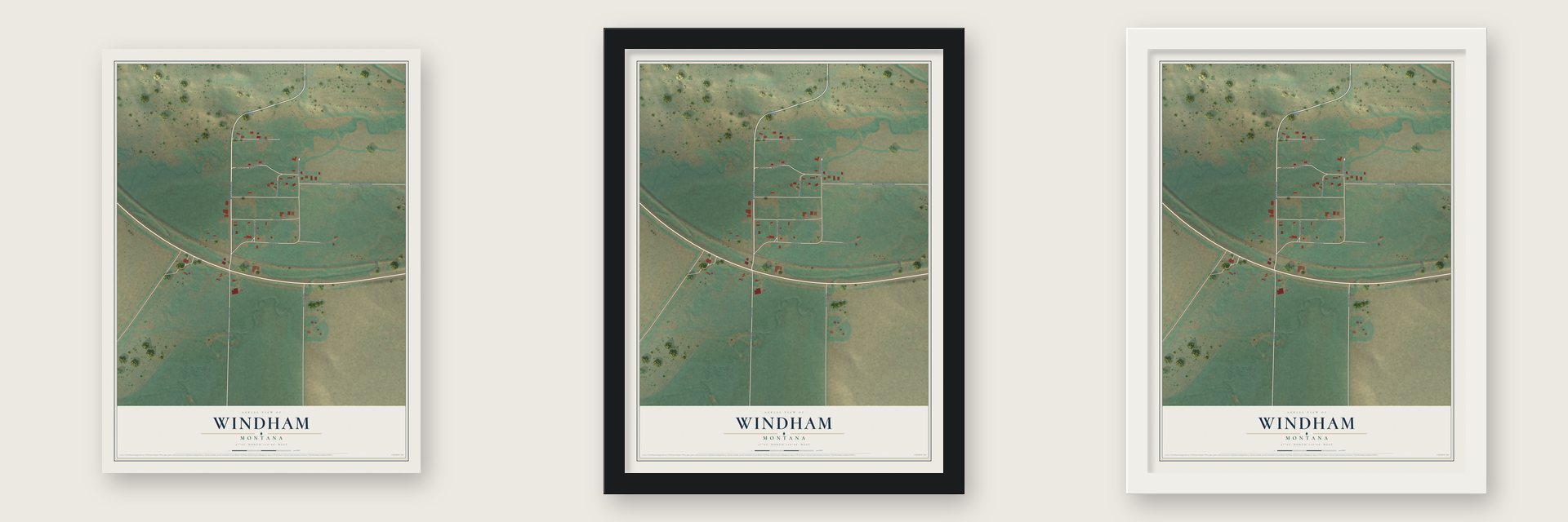 Windham, Montana map unframed, in a black wood frame and in a white wood frame