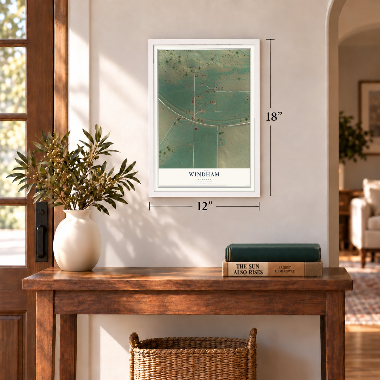 Windham, Montana map, 12 x 18 inch print in a white frame in an entryway