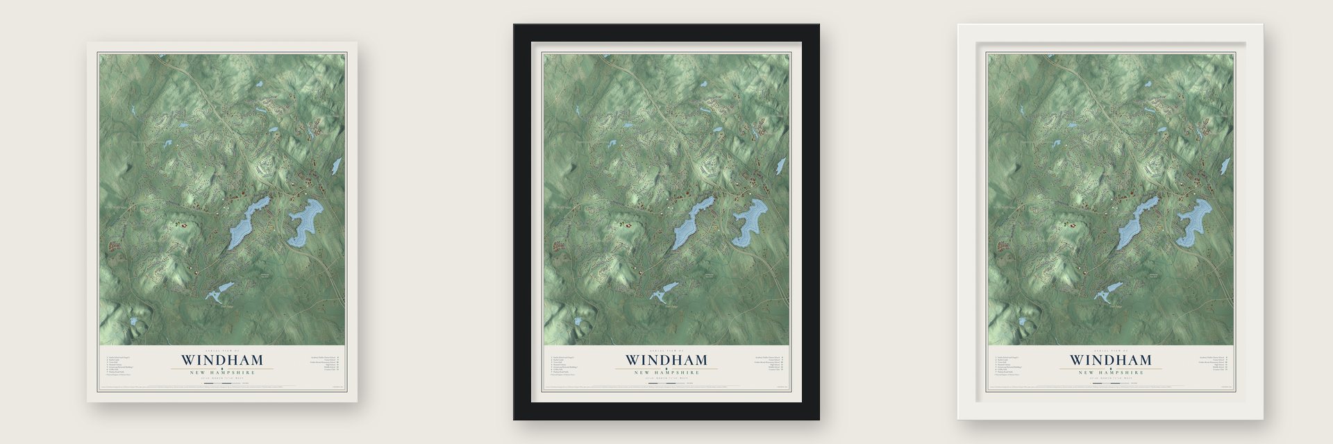 Windham, New Hampshire map unframed, in a black wood frame and in a white wood frame