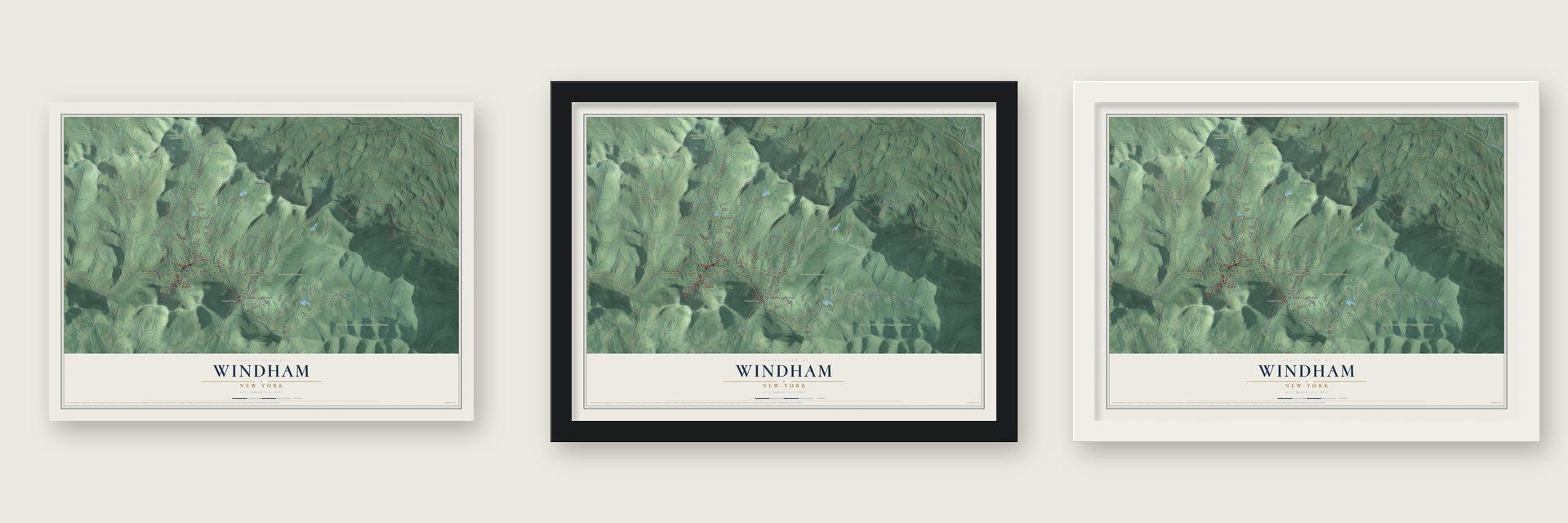 Windham, New York map unframed, in a black wood frame and in a white wood frame